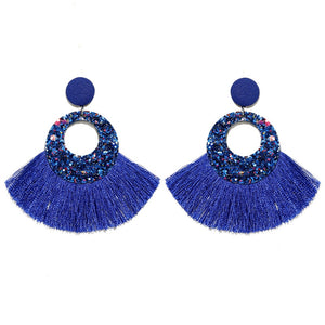 Fan Shaped Fashion Bohemian Big Tassel Drop Earrings w/ Hollow Gold Circle