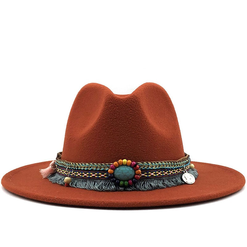 Wool Felt Fedora with Bohemian Tassel Strap - Men's Hat