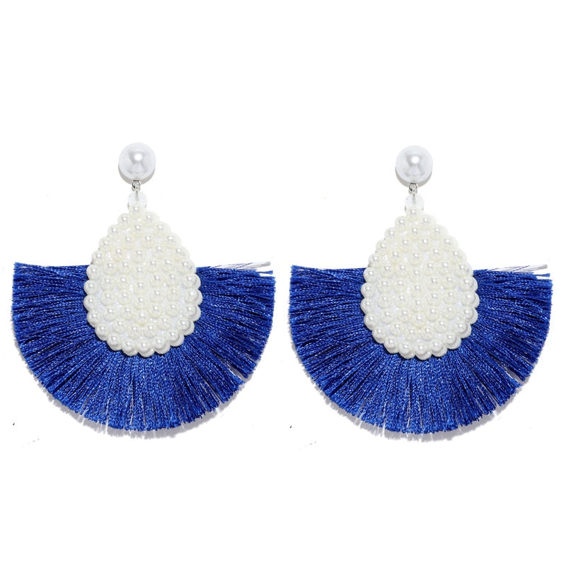 Fan Shaped Fashion Bohemian Big Tassel Drop Earrings w/ Hollow Gold Circle