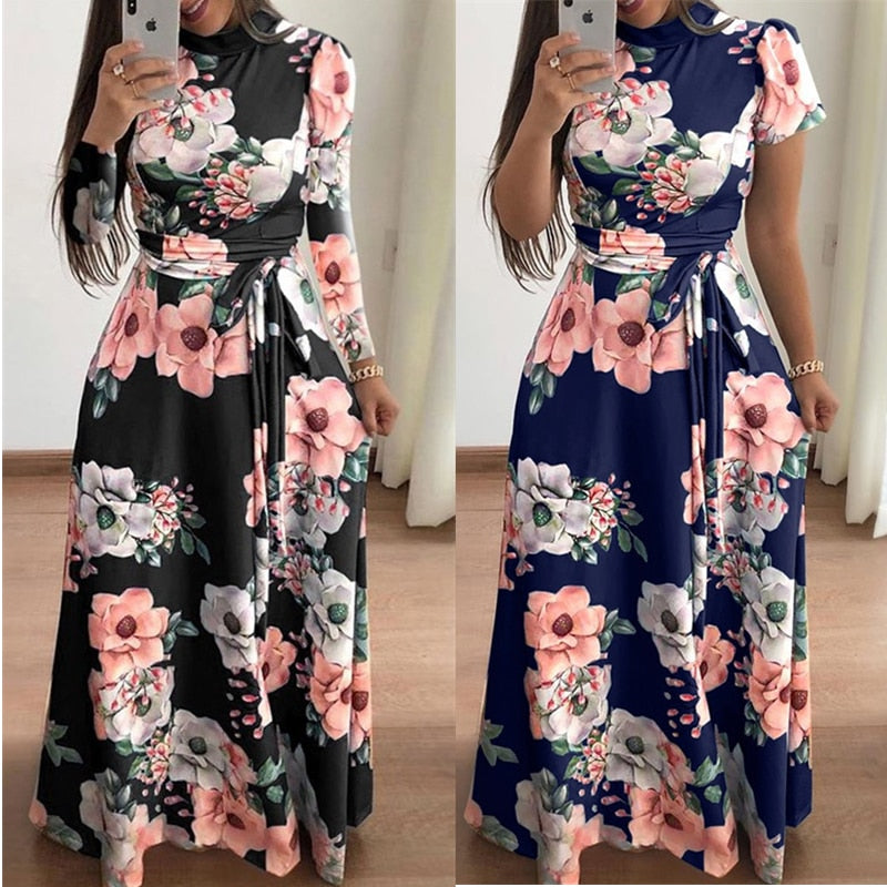 Women's Floral Long Dress - Turtleneck Dress