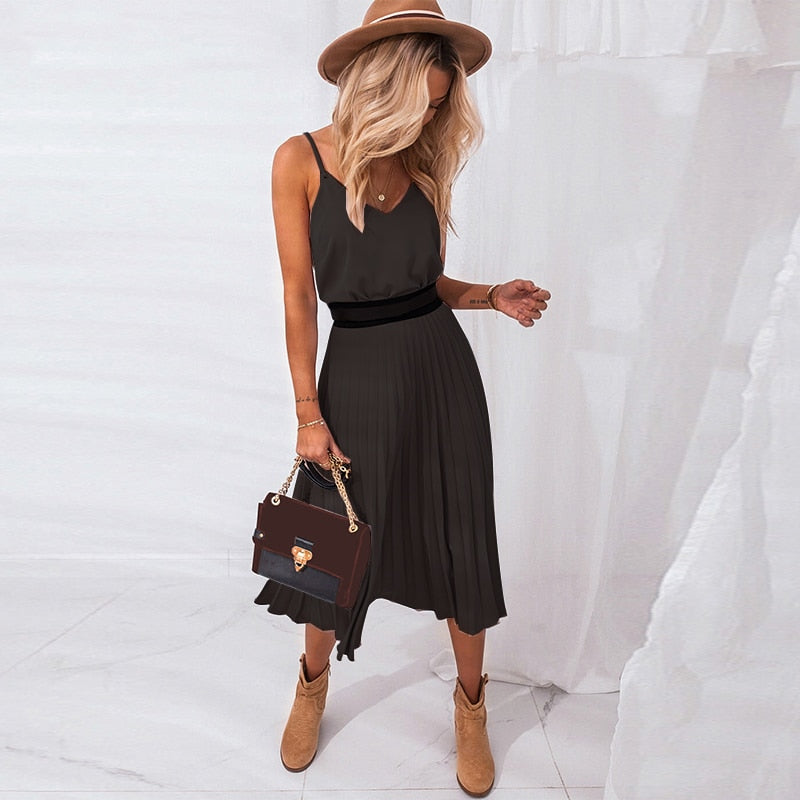 Fashionable Pleated Midi Dress for Women