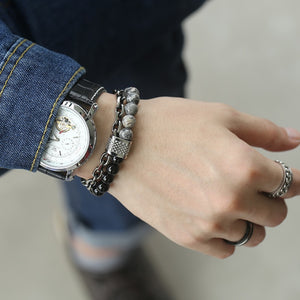 Natural Map Stone w/ Stainless Steel Men's Beaded Bracelet