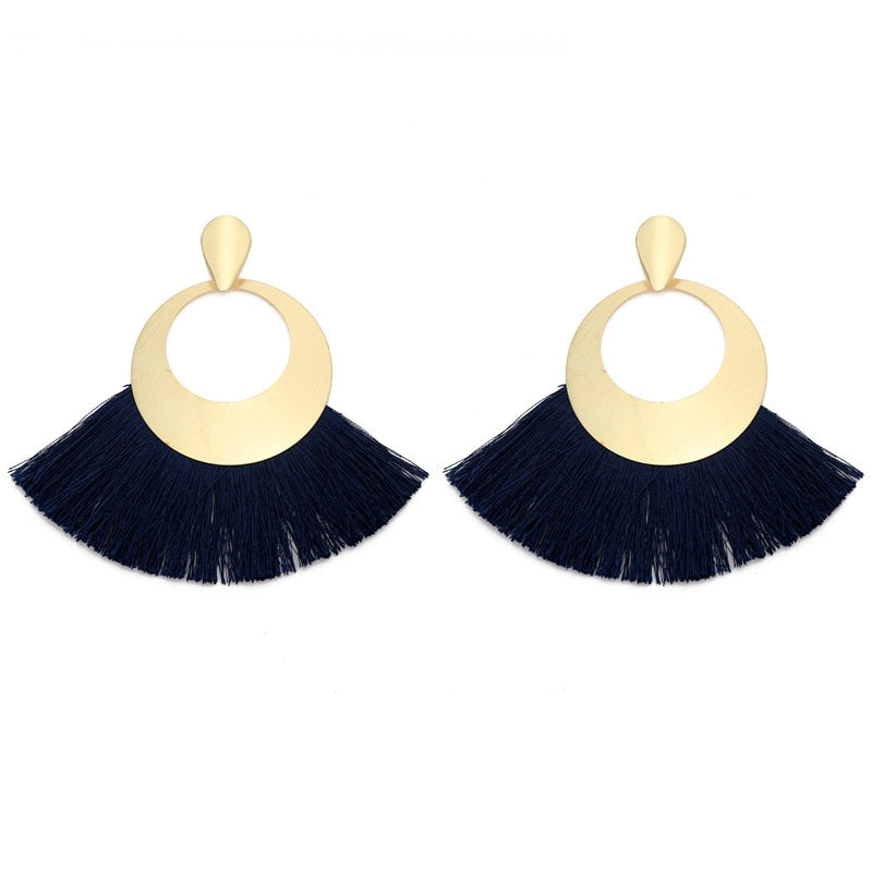 Fan Shaped Fashion Bohemian Big Tassel Drop Earrings w/ Hollow Gold Circle