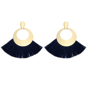 Fan Shaped Fashion Bohemian Big Tassel Drop Earrings w/ Hollow Gold Circle