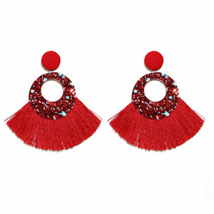 Fan Shaped Fashion Bohemian Big Tassel Drop Earrings w/ Hollow Gold Circle