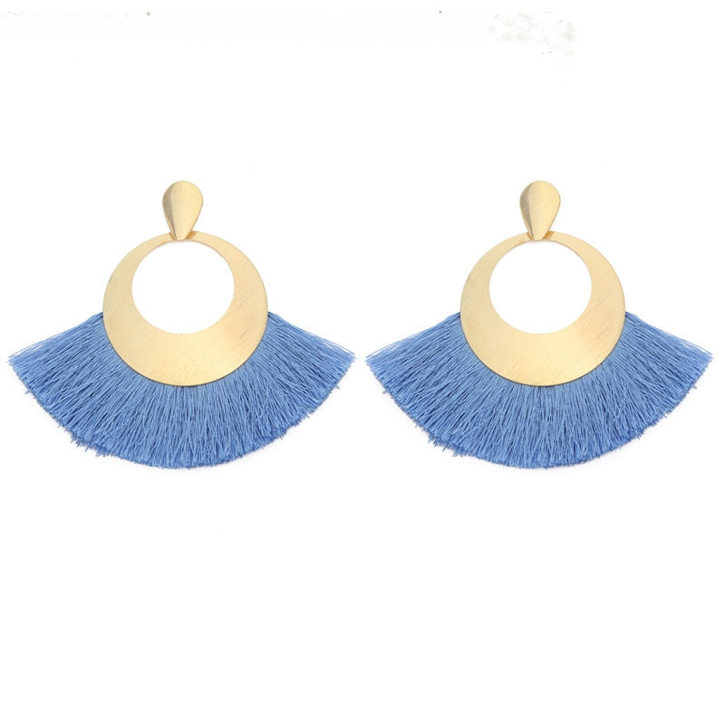 Fan Shaped Fashion Bohemian Big Tassel Drop Earrings w/ Hollow Gold Circle