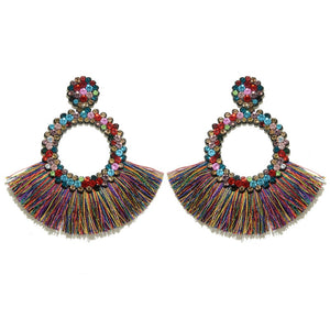 Fan Shaped Fashion Bohemian Big Tassel Drop Earrings w/ Hollow Gold Circle