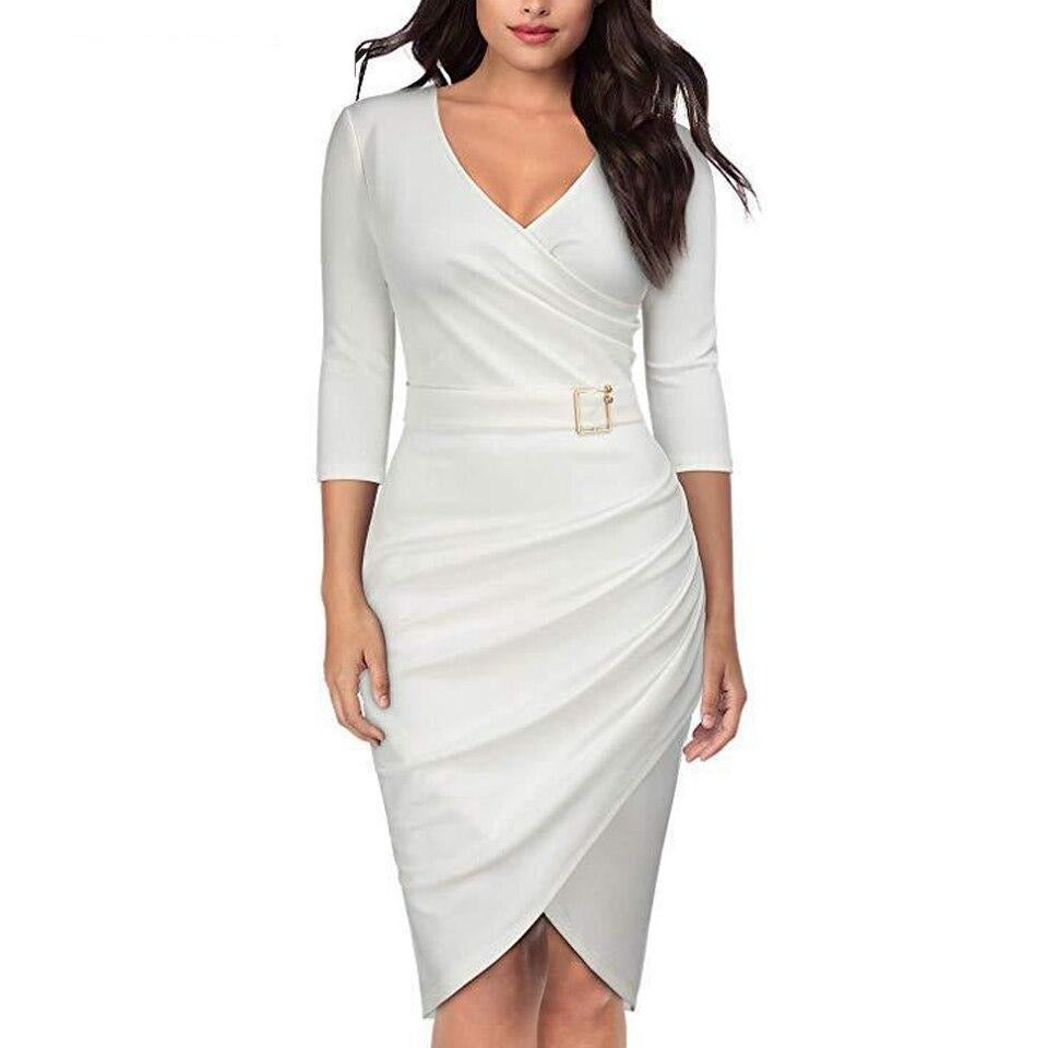 Classy Sleeved Slim Fit Dress-Women's V-neck Dresses