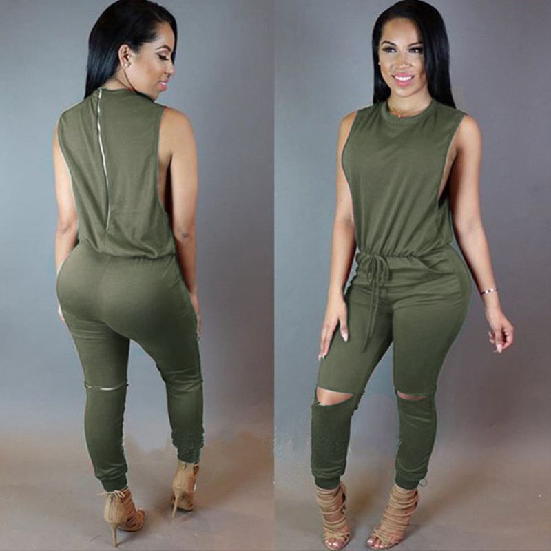 Women's Zipper Romper - Sexy Ripped Pant Jumpsuit