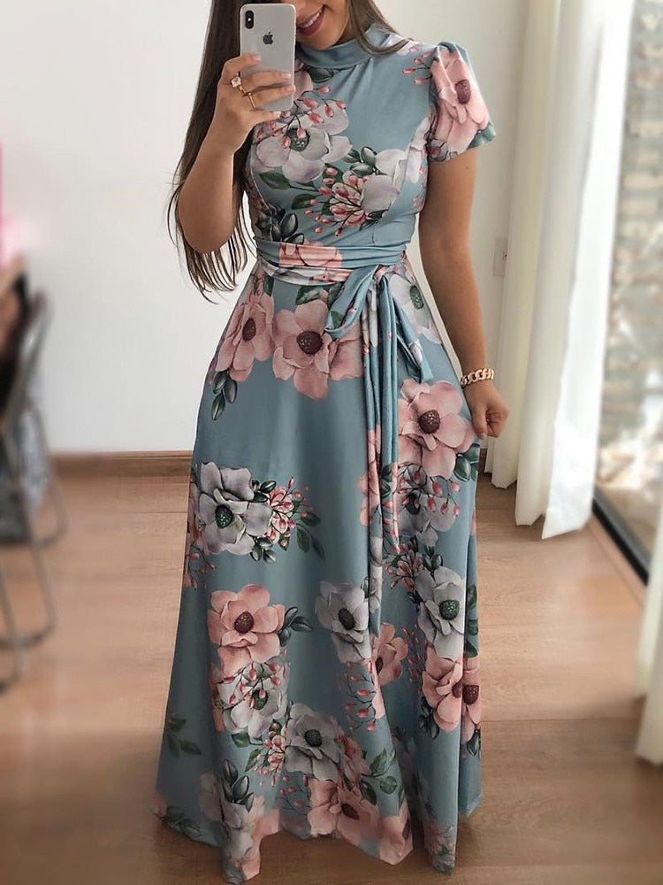 Women's Floral Long Dress - Turtleneck Dress