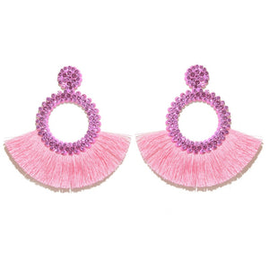 Fan Shaped Fashion Bohemian Big Tassel Drop Earrings w/ Hollow Gold Circle