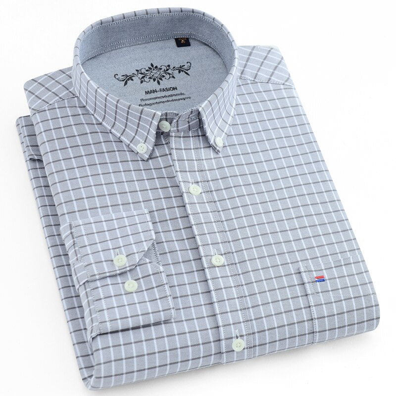 Men's Plaid Checked Oxford Regular Fit Shirt with Single Patch Pocket