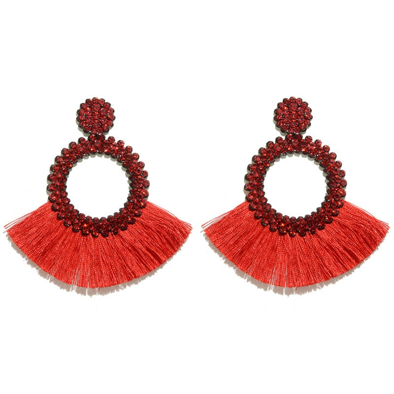 Fan Shaped Fashion Bohemian Big Tassel Drop Earrings w/ Hollow Gold Circle