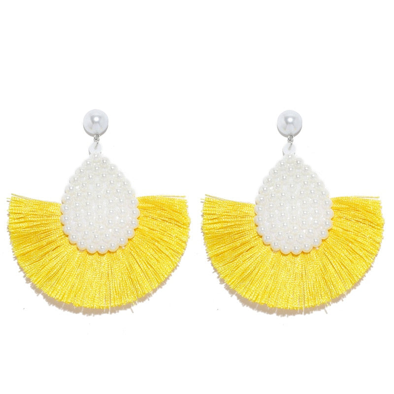 Fan Shaped Fashion Bohemian Big Tassel Drop Earrings w/ Hollow Gold Circle