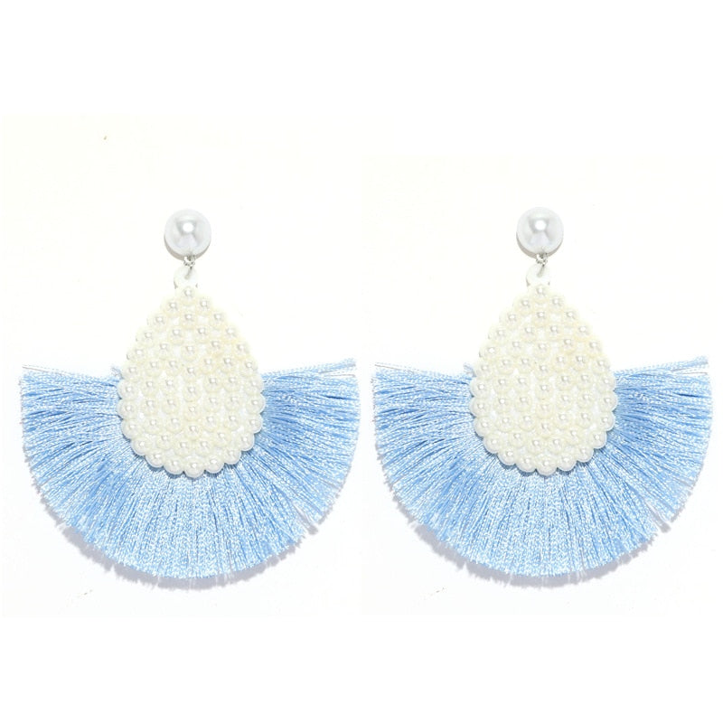 Fan Shaped Fashion Bohemian Big Tassel Drop Earrings w/ Hollow Gold Circle