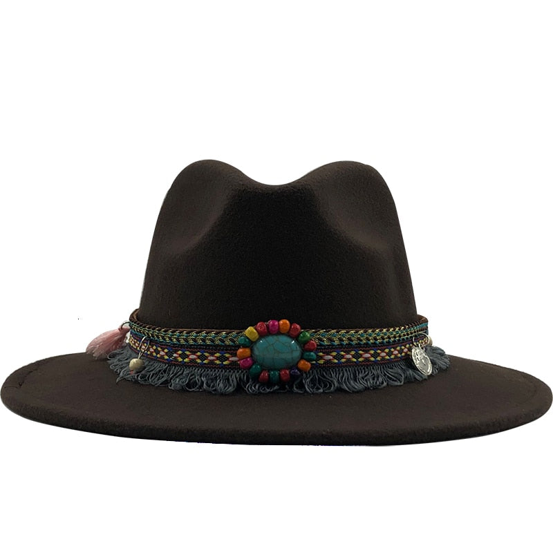 Wool Felt Fedora with Bohemian Tassel Strap - Men's Hat