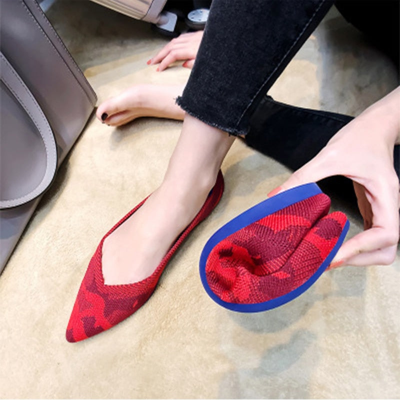 Women's Flat Shoes - Breathable Knit Pointed Moccasin